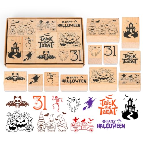 JarThenaAMCS 16Pcs Halloween Wooden Rubber Stamps Set 11 Pcs Spooky DIY Craft Card Stamps Pads with 5 Mixed Ink Pads for Party Gift Decor Scrapbooking Cards Making - style: Halloween