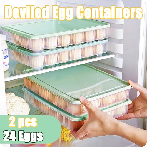 2PCS Deviled Egg Containers with Lid,Portable Storage Carrier Egg Holder,Stackable Plastic Egg Tray Carrier for Kitchen,Fridge,Keep Fresh,Easter(48 Eggs) - style: Green-48 eggs