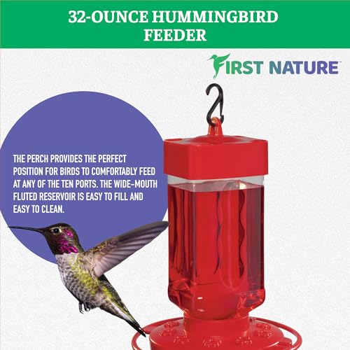 First Nature Hummingbird Feeder - 10 Feeding Ports - Red Base | Wide Mouth Prevents Messy Spills - Sealing Ring Prevents Bottom Leaks - Multi-Port Base Accommodates Flocks - size: 32 Ounce