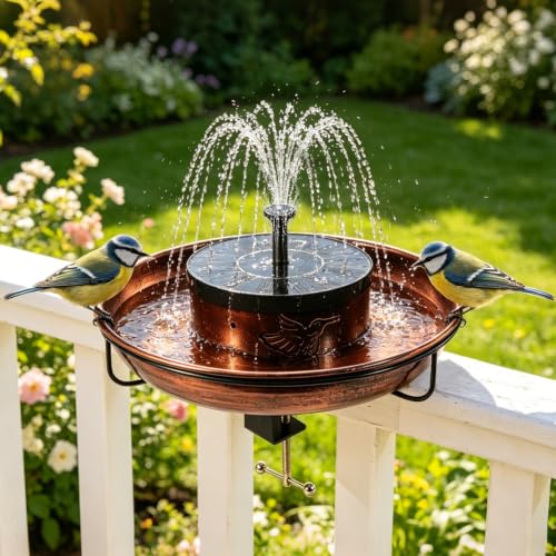 Deck Mounted Metal Bird Bath with Solar Fountain, Oval Clamp-On Bird Bath for Railing up to 3.9 Inch, Adjustable Balcony Birdbath for Patio Garden Yard Deck