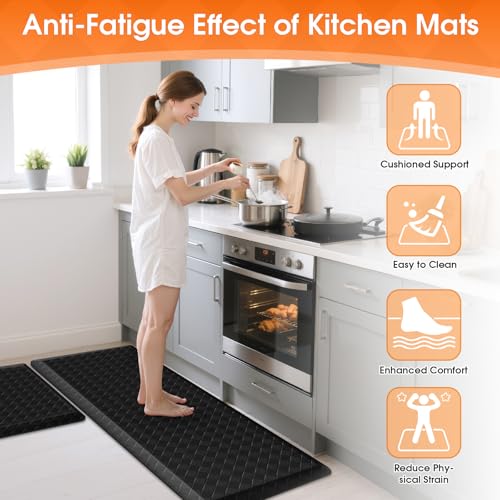TranquilRelax 4/5 Inch Cushioned Anti Fatigue Kitchen Mats for Floor, Black | 2PCS Kitchen Rugs, Non-Slip Standing Desk Mat, Comfortable Standing Rug Set for Kitchen & Laundry, 17.3"×30"+17.3"×47" - color: Black, size: 2-Piece | 28"+47" | Extra Thick