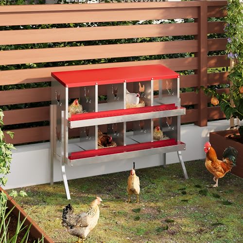 Chicken Nesting Boxes 8 Holes Galvanized Steel Rustproof Egg Laying Box with Egg Collection Systems, Hen Eggs Laying Box, Ventilated/Easy to Install, for Chicken House/Duck House/Hen - color: Red, size: 8 Holes with Legs
