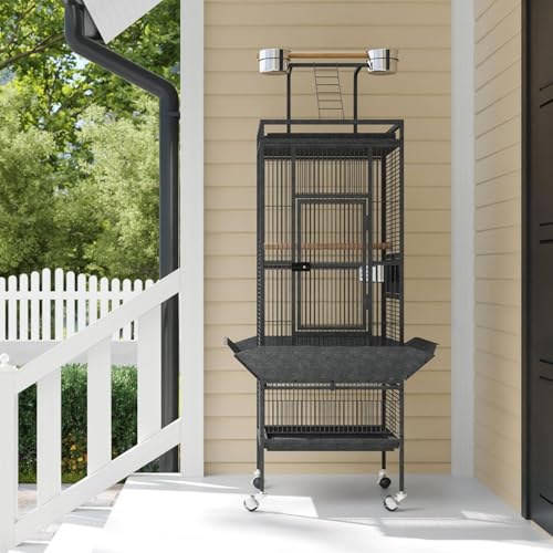 61" Large Bird Cage, Metal Parrot Cage with Play Top, Rolling Stand & Bowls - Bird Aviary for Parrots, Conures, Cockatiels, Parakeets, Indoor Outdoor Aviary for Outside Yard Garden Porch, Black/Silver