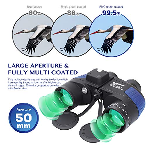 AOMEKIE 7x50 Waterproof Marine Binoculars for Adults with Rangefinder Compass BAK4 Prism FMC Lens for Birdwatching Hunting Boating Fishing Water Sports(Blue) - color: Blue