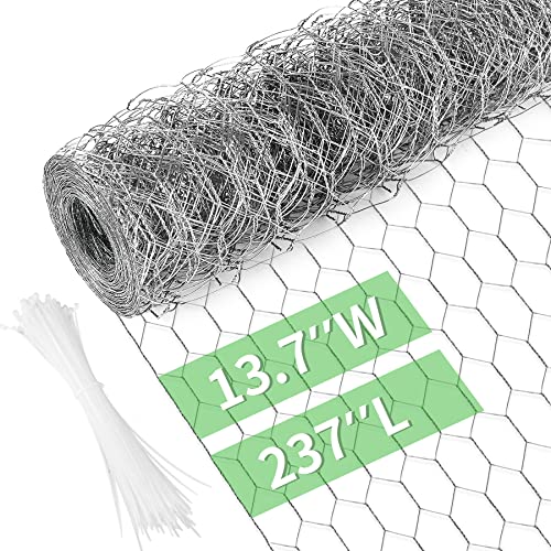 Miuwauer Chicken Wire Chicken Wire 13.7 in x 237 in Poultry Wire Netting Hexagonal Galvanized Mesh Garden Fence Barrier for Pet Rabbit Chicken Fencing with 100 Pcs Cable Zip Ties - color: Silver, size: 13.7"x237"+100Ties