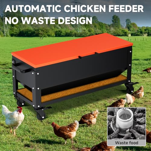Heavy Duty Chicken Feeder 120 lbs Large Capacity, Metal Automatic Poultry Feeding Box with Waterproof Lid, Raised Standing Feeder with Wheels for Hens & Roosters, Portable & Easy to Move
