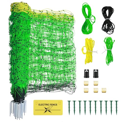35.5"x164' Electric Fence Netting for Garden Goats Chicken | Electric Poultry Netting with Fiberglass Posts and Double-Spiked Stakes, Portable Mesh Fence for Backyards, Farms and Ranches