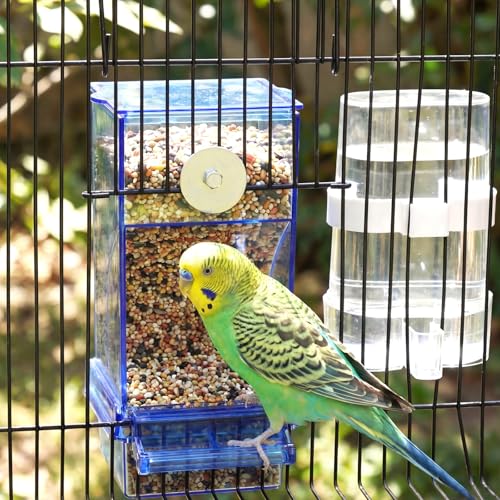 Novabright 7 Pcs No Mess Bird Feeder Water Dispenser Set Include Automatic Parakeet Feeder and Drinker with Bird Paw Grinding Stick Cage Accessories for Small Medium Cockatiel Lovebird(Classic,Blue) - color: Blue, style: Classic