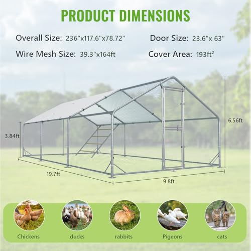 Large Metal Chicken Coop Runs for Yard with Cover, 10x20x6.5 | Perch Bars, Split Doors, Waterproof Covers, Mesh Wire - color: Spire Top, size: 236.2"L x 118.1"W x 78.7"H