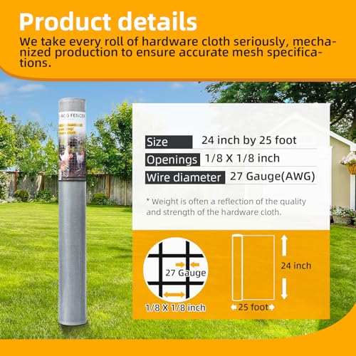 24in x 25ft Hardware Cloth 1/8 inch 27Ga Chicken Coop Wire Fence | Hot Dipped Galvanized After Welding, Welded Metal Fencing Roll Mesh for Bee Screen Garden Plant Poultry Animal Netting Cage - size: 24in x 25ft
