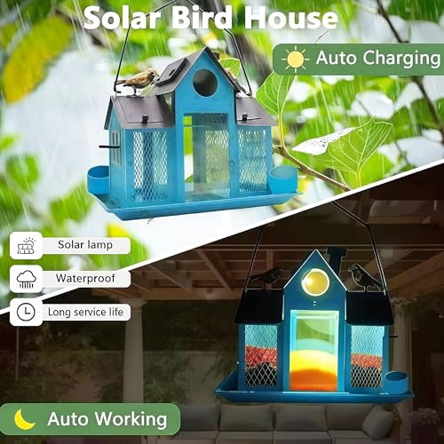 Solar Bird Feeders House for Outside Hanging, Metal Wild Bird Feeder for Outdoors Large Capacity Cardinal Birdfeeder Birdhouses Metal Bird Feeding Station Blue - color: blue