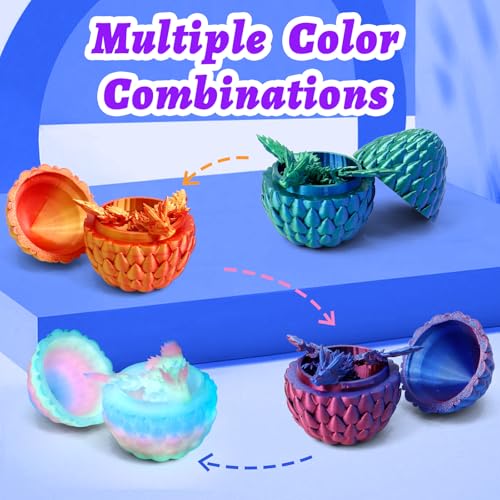 4 Pack 3D Printed Dragon Egg - Small Scale Egg with Winged Dragon Inside, Surprise 3D Printed Gift Toy, Desk Executive Pet, Figurine Decor, Christams Easter Stuffers - color: Purple+green Blue+red Gold+glow Rainbow