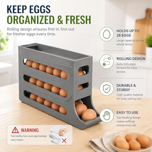 4 Tier Egg Roller Dispenser, Automatic Rolling Egg Holder, 28 Egg Capacity | Gravity-Fed Rolling System, Smooth Egg Dispensing, Transparent Design, Easy Refill, Stable Placement - color: 75% Clear