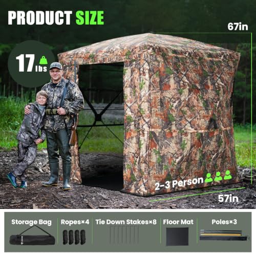 Hunting Blind 270 Degree See Through Ground Blind - 2-3 & 3-4 Person Pop Up Deer Blind for Hunting with Carrying Bag - 300D Reinforced Portable Durable Blind for Turkey and Deer - size: 2-3 Person(270° See Through)