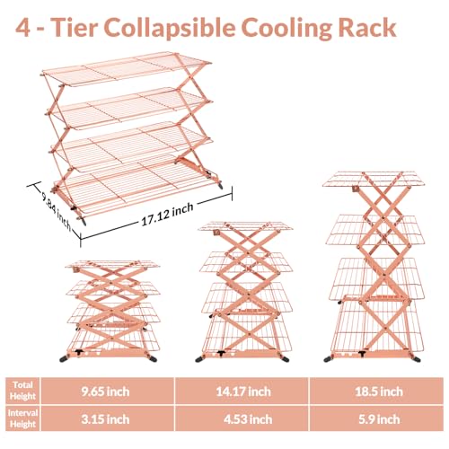 Geesta 2/3/4-Tier Collapsible Cooling Rack with Adjustable 3 Setting Design Stackable Cooling Roasting Cooking for Cookies Baking - Copper Cooking Utensils - color: Rose Gold