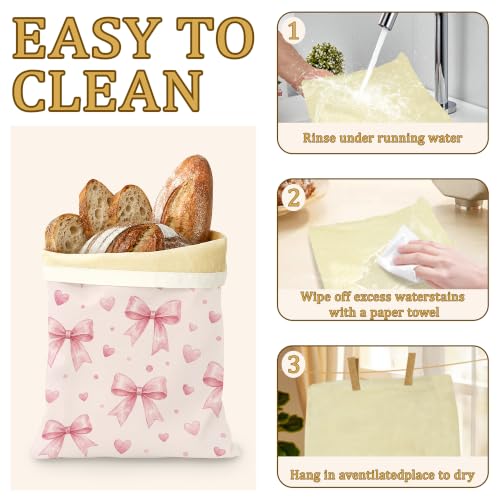 2 Pack Reusable Beeswax Pink Bow Bread Bags, Sourdough Bread Sweet Hearts Storage for Homemade, Freezer Storage Bag to Keep Fresh, Baguette Bag with Beeswax Liner Kitchen Baking - color: Pink Bow