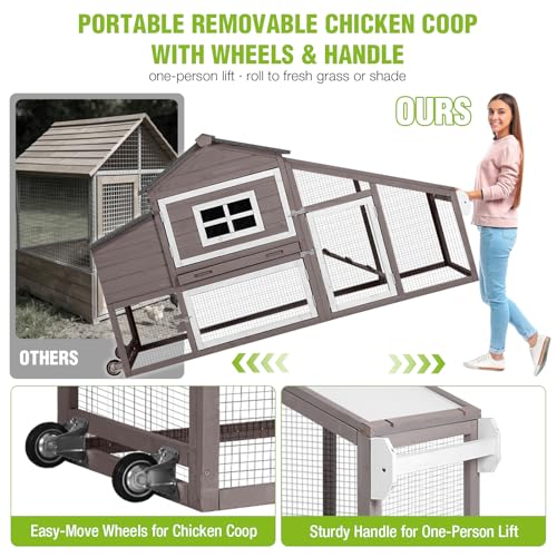 GUTINNEEN Large Chicken Coop with Wheels, Expandable Mobile Outdoor Chicken House, Hen House Poultry Cage with Nesting Box, Leakproof Pull-Out Tray & UV-Resistant Roof – Brown - color: (Brown)
