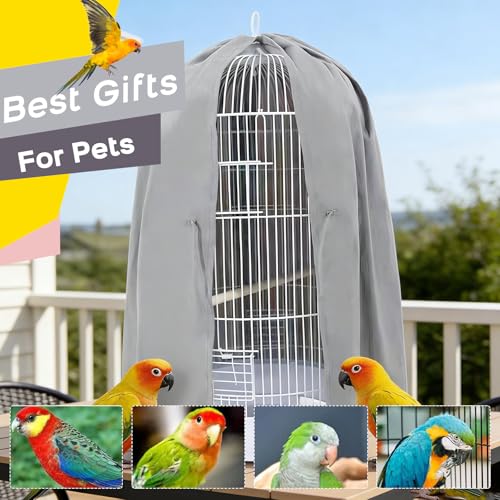 QBLEEV Round Parrot Birdcage Cover, Pet Universal Blackout Cage Cover Shade | Windproof light-proof sleep reduces distractions night accessories cloth without cage, bow tie clouser, easy to wear - color: Light Grey