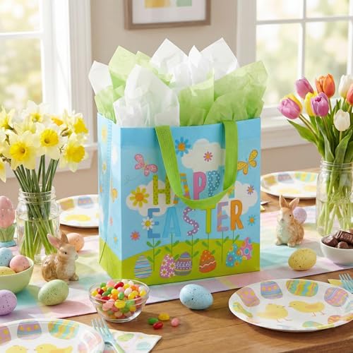 SUNCOLOR Easter Gift Bags, 6 Pack Non-Woven Tote Bags with Bunny Design, 9x9x4.7 Inch, Reusable Party Supplies for Kids Egg Hunt Games