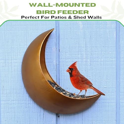 Fence & Tree Mounted Moon Bird Feeder – Cardinal, Squirrel Feeder, Rustic Gold Metal Wall Bird Feeder for Outdoors, Wild Bird Feeder for Bluebirds.