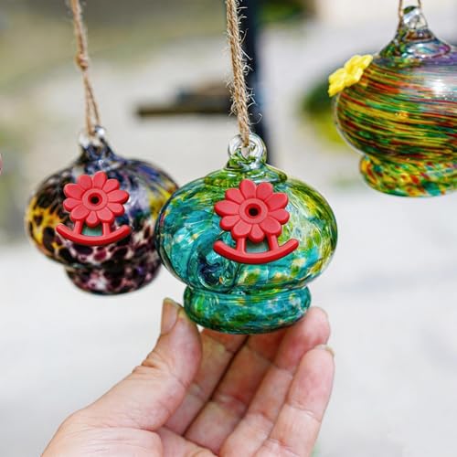 2.9" Small Blown Glass Hummingbird Feeder for Outdoors Hanging | Hummingbird Feeder with Flower Feeding Ports, Bird Feeder for Outside Garden Backyard Decor, Gifts for Women Mom Turquoise - color: Turquoise