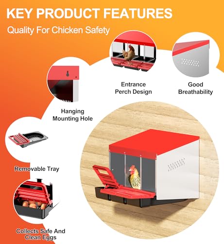 ZenxyHoC Chicken Nesting Box Red 3 Compartments | Metal Egg Laying Box with Rollout Egg Collection & Swing Perch for Backyard Chicken - size: 3 Compartments