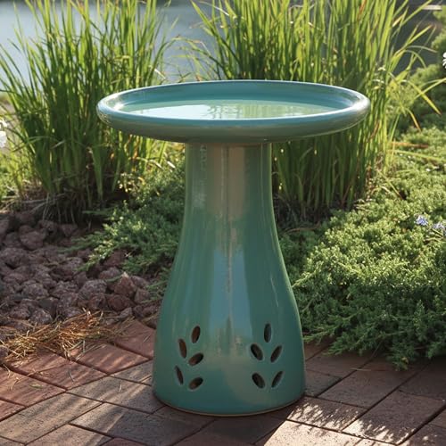 Sunnydaze Hand-Painted Ceramic Outdoor Bird Bath for Garden, 21” H, Seafoam | UV & Frost-Resistant Mineral Glazed Finish, 1 Gal Water Cap, Easy Assembly, Pedestal Bird Bath for Outside, Ceramic Birdbath