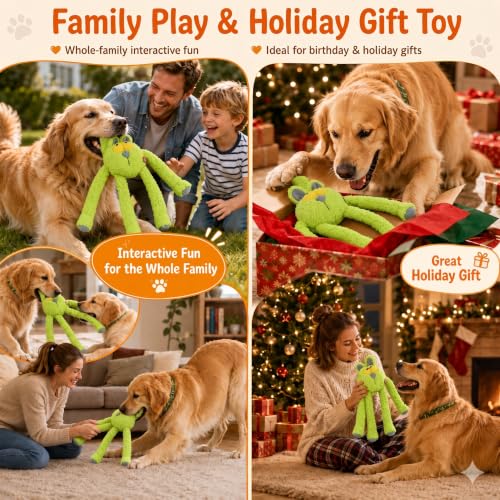 Squeaky Dog Plush Chew Toy, Interactive Tug Squeaky Toy for Chewers, Medium & Large Dogs, 31.5 Inch Stuffed Swinging Rabbit Toy with Stretchable Limbs for Gum Care & Boredom Relief, Neon-Green - color: Neon Green (Swinging Rabbit)