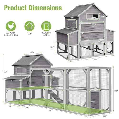 Large Chicken Coop Outdoor Waterproof Chicken Run with Asphalt Roof, Wooden Poultry Enclosure with Easy-Clean Slide-Out Tray for 8-10 Chickens Poultry Cage with Nesting Boxes for Duck Rabbit - size: 134.5"L x 59.0"W x 62.4"H