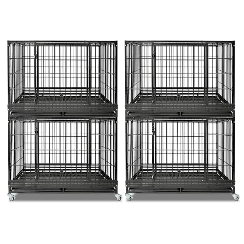 Homey Pet Two Tiers Heavy Duty Dog Crates for Large Dogs, 2 Pack | 47 Inch Stackable Large Dog Crate Cage with 4 Wheels, 2 Removable Trays and Grids, Multi Locks Strong & Solid Escape Proof - size: 47"L-2 Tiers-2P
