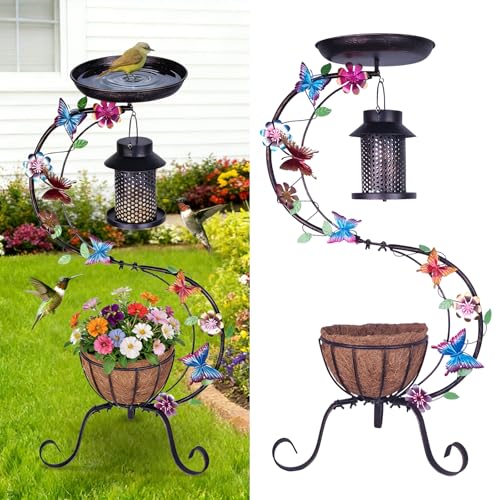 hogardeck 3-in-1 Vintage Bird Bath & Detachable Hanging Bird Feeder with Flower Planter, Metal Heavy Duty Outdoor Birdbath, Weather Resistant Decor for Garden Yard Lawn