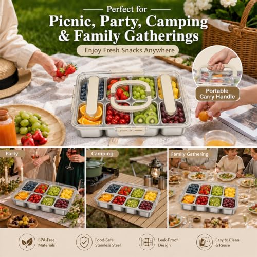 Snackle Box Container, Stainless Steel Divided Serving Tray with Lid, Handle and Forks - color: 8 pack