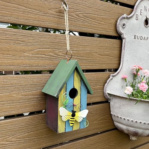 Morning View Bird Houses for Outside Decorative Nest Box Wooden Birdhouse Hanging Spring for Yard Garden Patio Outdoor Small Birds Bluebird Finch Cardinals Wren 9.35 Inch Tall (Light Blue) - style: Bee