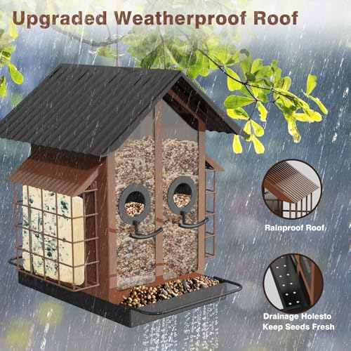 FlowaFoli Bird Feeders for Outdoors, Metal Bird Feeder with Double Suet Cage Weatherproof Metal Roof, 2 in 1 Mixed Seeds Suet Feeder, 4Lbs Large Capacity, Great for Finch、Cardinal、Chickadee（Brown） - color: Brown