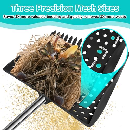 12" 2-in-1 Chicken Poop Scooper & Rake (US Patent No. D1124534), 3-Shape Sifting Holes Chicken Coop Rake, Stainless Steel Handle (20–61") - Litter Scoop Sand & Sifting Shovel (Black) - color: Black