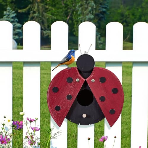 Ladybug-Shaped Wooden Bird House for Outside - Cute Hanging Birdhouse for Finches, Wrens, Cardinals, Bluebirds - Weather-Resistant Wild Bird Nesting Box - Garden Decor & Wildlife Habitat