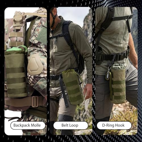 Tactical Water Bottle Pouch, Anti-Swing, MOLLE Belt Loop, 18-25oz | 3-Way Attach: MOLLE, Belt & D-Ring | 1000D Nylon | Mesh Drain Bottom | For Hiking, Hunting, Camping - color: Green