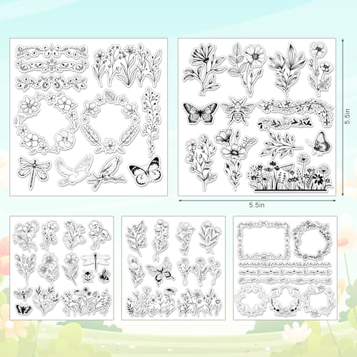Whaline 5 Sheets Wildflower Clear Stamps Floral Leaves Butterfly Silicone Transparent Stamps for DIY Craft Card Making Scrapbooking Embossing Album Decor - style: Wildflower