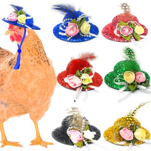 6-Pack Mini Chicken Hats for Hens, Dolls Hats, Cute Decorations | Cotton & Polyester, 2.76 in (7 cm), Adjustable Chin Strap, Fits Small Animals - style: Double-Flower-Glossy
