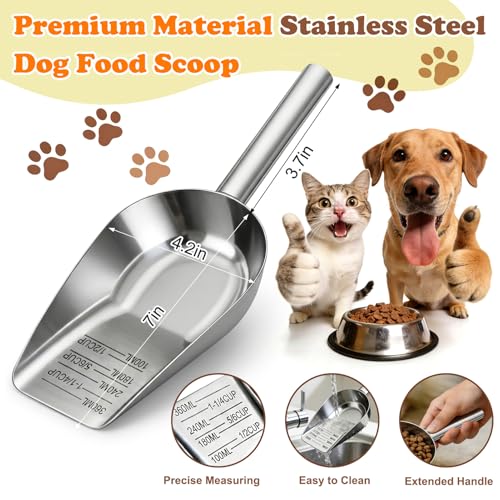 Dog Food Scoop Stainless Steel with Long Handle, Precise Measuring Cups | 1.5, 1 1/4, 1, 3/4, 1/2 Cup, Pet Scoop for Cats, Rabbits, Animals, Metal Spoon for Dog Food Storage (1.5CUP) - size: 1.5CUP