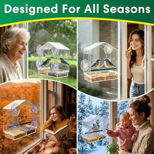 Clear Acrylic Window Bird Feeder for Outside - Transparent Glass Mount Birdhouse with Strong Suction Cups & Tray - Easy Indoor Viewing for Cats, Kids & Elderly