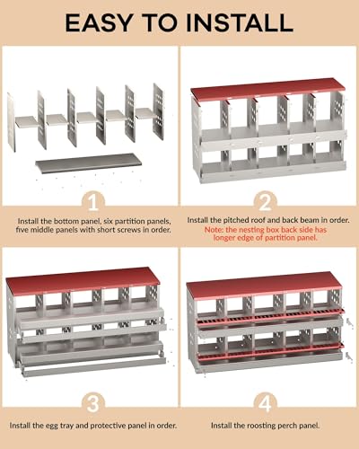 Chicken Nesting Box for Laying Eggs, 10-Compartment Galvanized Steel Nesting Boxes for Hens, Front Access Egg Tray, Easy Wall Mount Design, Includes 10 Training Eggs - color: Red