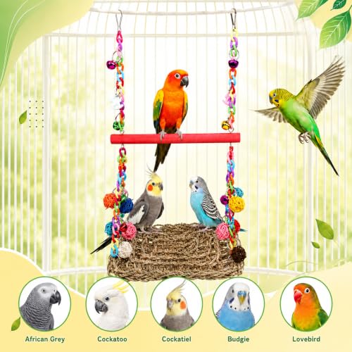 Bird Swing Mat with Wood Perch, AHIER Seagrass Bird Hammock for Conures with Chewing Toy for Parakeets, Budgie, Cockatiel Cage Accessories (Rose-Pink Pole) - color: Rose-Pink Pole