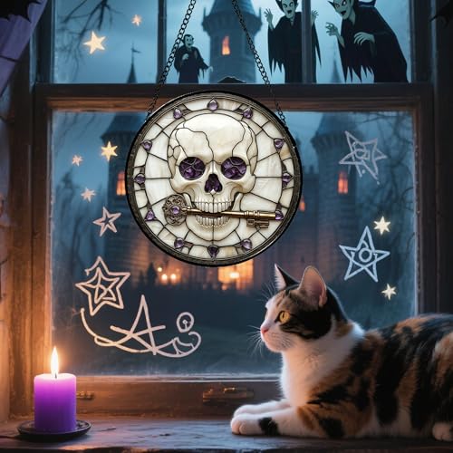 Stained Glass Window Hanging - Halloween Scary Skull Suncatcher for Doors Garden Home Spooky Purple Skeleton Key Sun Catchers Gothic Decor Horror Gifts for Women Men Friend Boy Girl 11.8 in - color: Purple and White, size: 11.8x11.8 IN