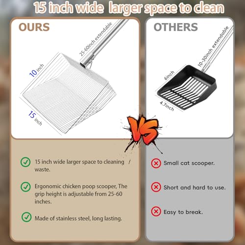 Chicken Poop Scooper with Ergonomic Grip | 15-inch Large Sifting Head, Adjustable Length 24 to 70", Stainless Steel, for Chicken Coop/Goat Stall/Stable Cleaning