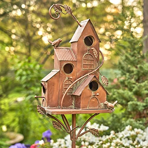 Large Copper Colored Multi-Birdhouse Stakes, Room for 4 Bird Families in Each (Castle Home) - style: Castle Home