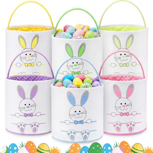 Weewooday 6 Pcs Easter Bunny Basket Bags Canvas Rabbit Bucket Tote for Easter Egg Hunts Candy Gifts Storage - color: Colorful 2, style: Elegant Rabbit