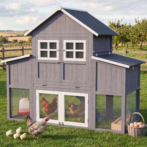 Large Chicken Coop for 6-10 Chickens, Outdoor Predator Proof Wooden Hen House Design with 2 Nesting Boxes and Weatherproof Roof, Easy to Clean Poultry Cage for Outsides - color: Grey(69.5"L x 31.5"W x 59.1"H)