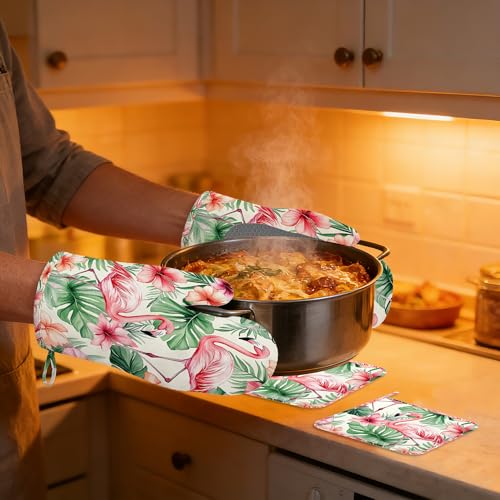Heat Resistant Pot Holders and Oven Mitts,Pink Flamingo Extra Long Kitchen Oven Mitt Set,Tropical Flowers Leaf Cotton Lining Anti-Slip Waterproof Kitchen Mittens Hot Pan Holder for Baking Cooking - color: Pink Flamingo