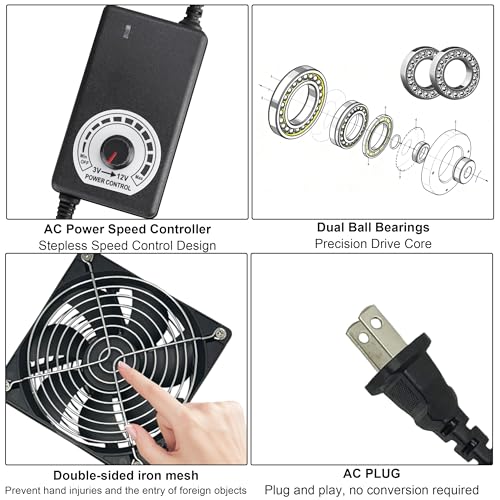120mm x 38mm 12V Brushless Axial Cooling Fan Computer Fan | AC 100V-240V Speed Control,Ball Bearing,for Chassis Case Receiver Amplifier DVR PlayStation Xbox Cabinet Server Greenhouse - style: 4.72inx1.5in